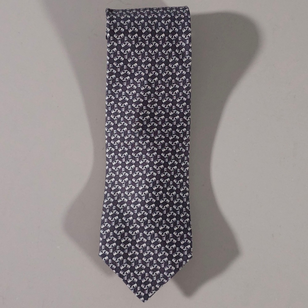 Hermes Silk Necktie Mens OS Grey Geometric Chain Link 605850 IA Made in France